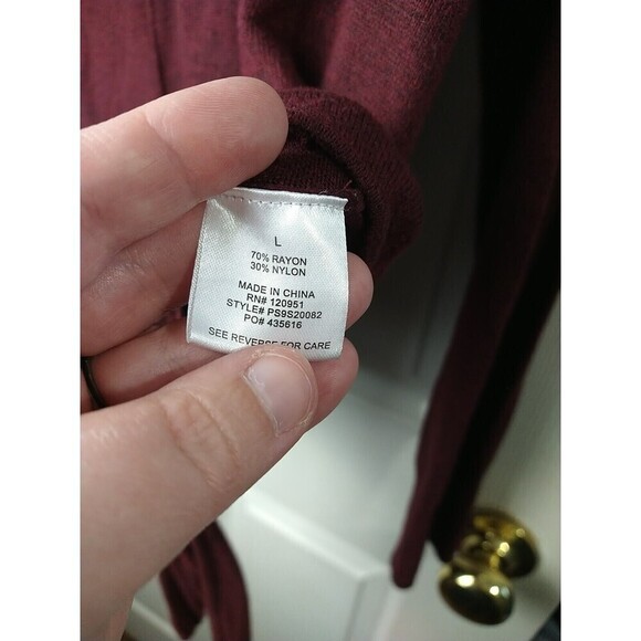 Pink Rose Burgundy Long Sleeve Front Tie Lightweight Sweater. Size L - Picture 8 of 10